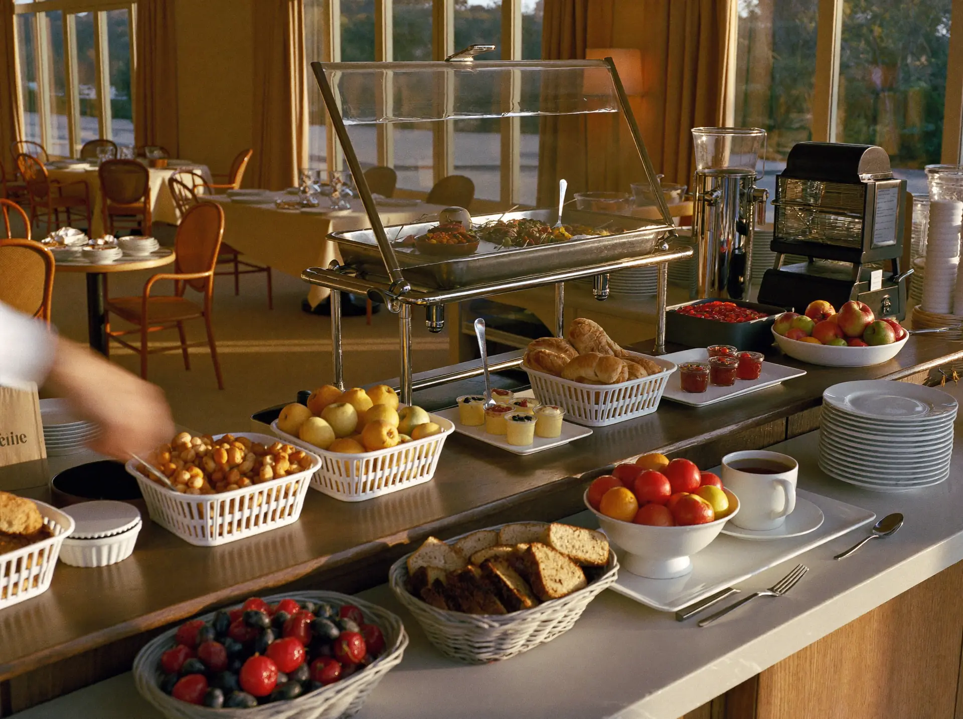 Buffet de café da manhã de hotel sendo reposto, com cestas de pães e frutas, réchaud sob a estufa e pilhas de pratos no balcão