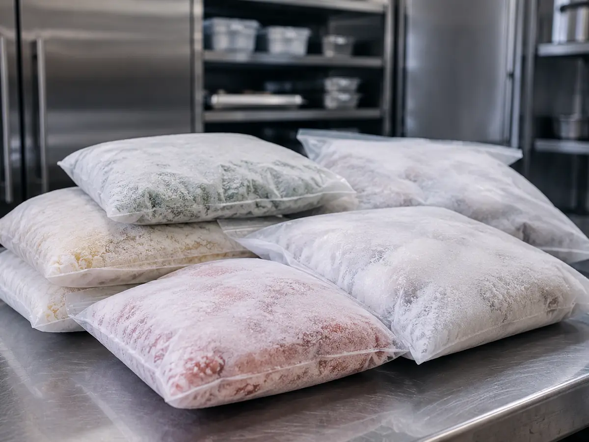 Sacos transparentes de hortaliças e polpas congeladas, cobertos de gelo, sobre bancada de aço inox