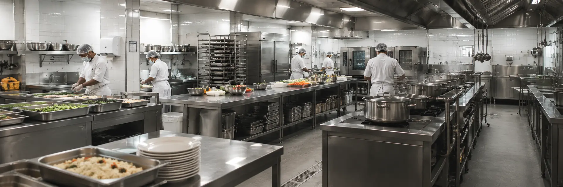 Plano aberto de cozinha industrial: bancadas de inox com cubas de legumes e arroz, panelas no fogão, carrinhos de assadeiras e forno combinado, com equipe uniformizada de touca trabalhando