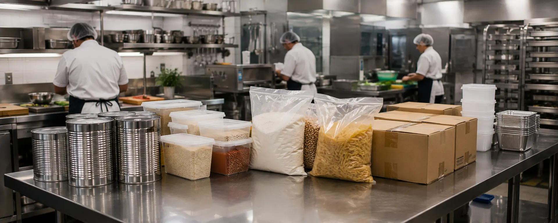 Bancada de aço inox de cozinha industrial abastecida com latas, potes de grãos, sacos de farinha e macarrão e caixas de papelão, com a equipe ao fundo