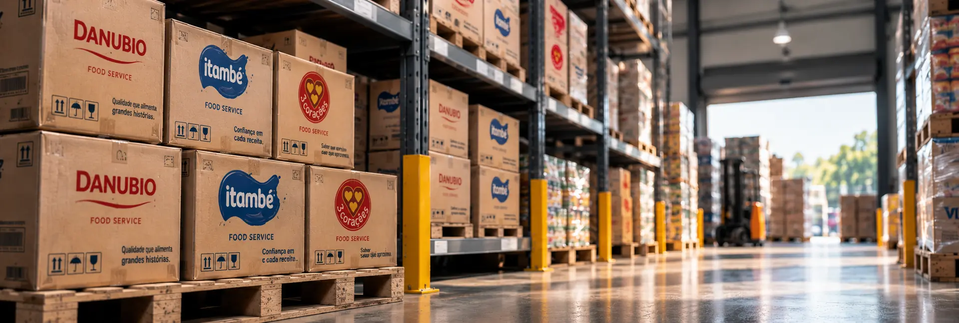Prateleiras de centro de distribuição com grande variedade de caixas de marcas diferentes