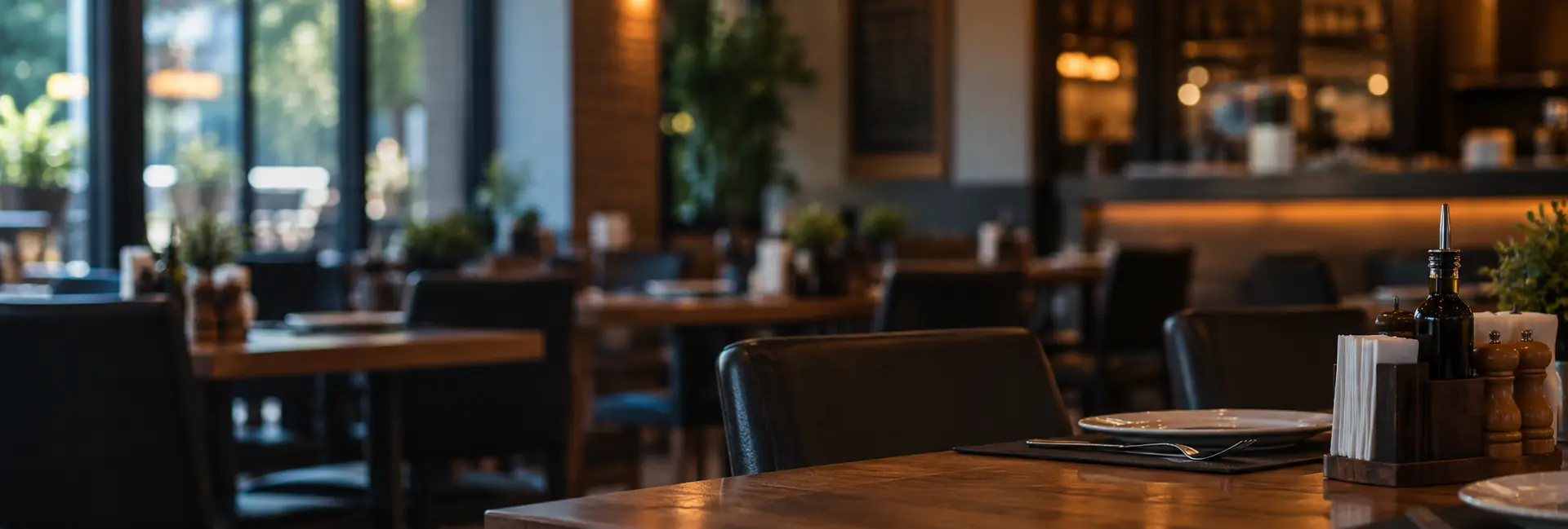 Salão de restaurante com as mesas postas antes do serviço, com galheteiro e guardanapos sobre a mesa em primeiro plano