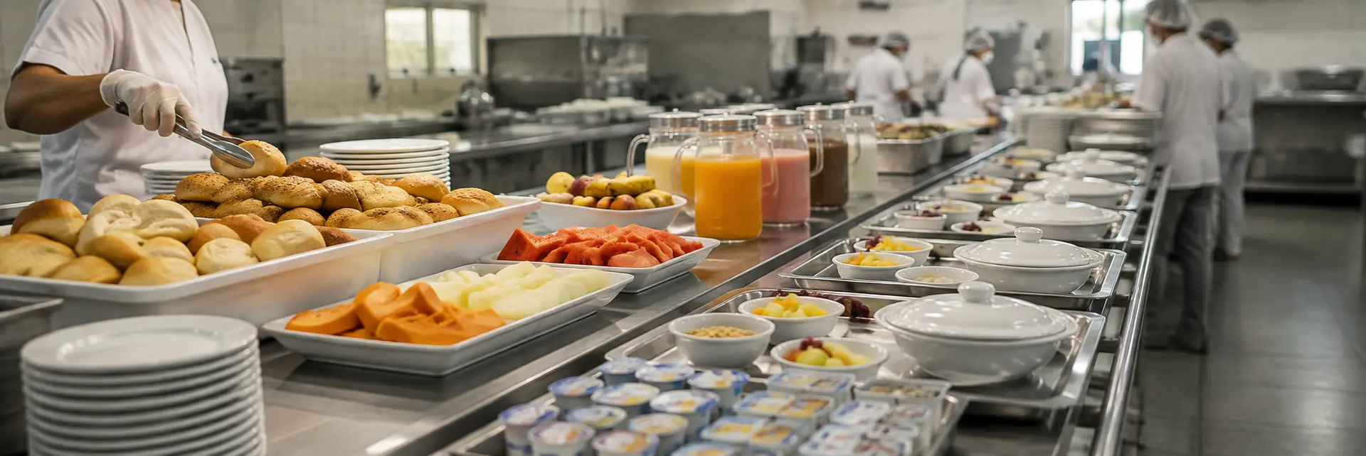 Linha de distribuição de refeições em cozinha coletiva: bandejas de pães e frutas cortadas, jarras de suco, potes individuais de iogurte e sopeiras, com equipe uniformizada de touca e luva ao fundo