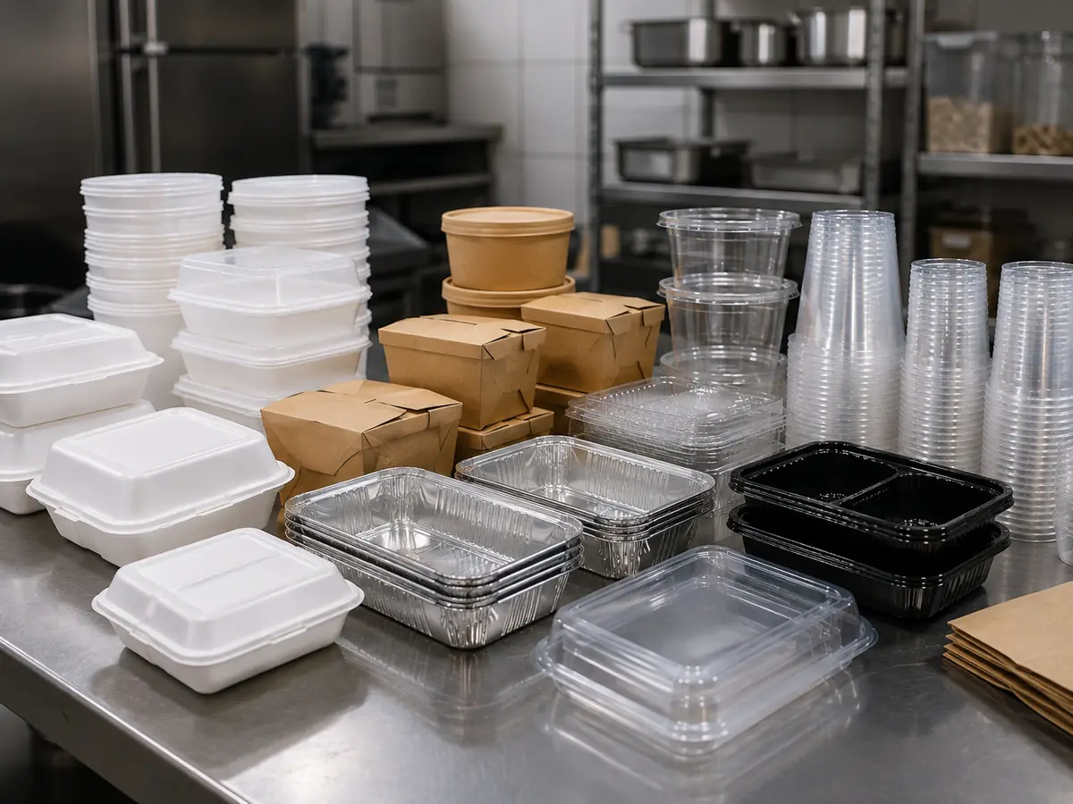 Embalagens e descartáveis empilhados em bancada de aço inox: potes, marmitas de alumínio, copos, caixas de papel kraft e guardanapos
