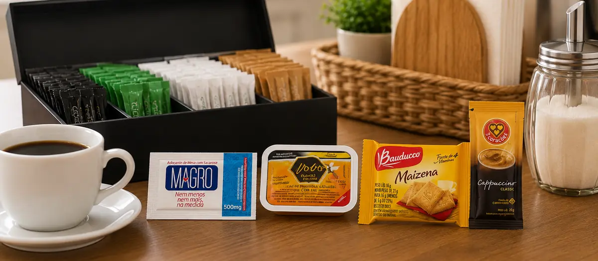 Mesa de café da manhã com xícara de café, caixa organizadora de sachês, adoçante, manteiga em blister, biscoito e cappuccino em porção individual, guardanapos e açucareiro