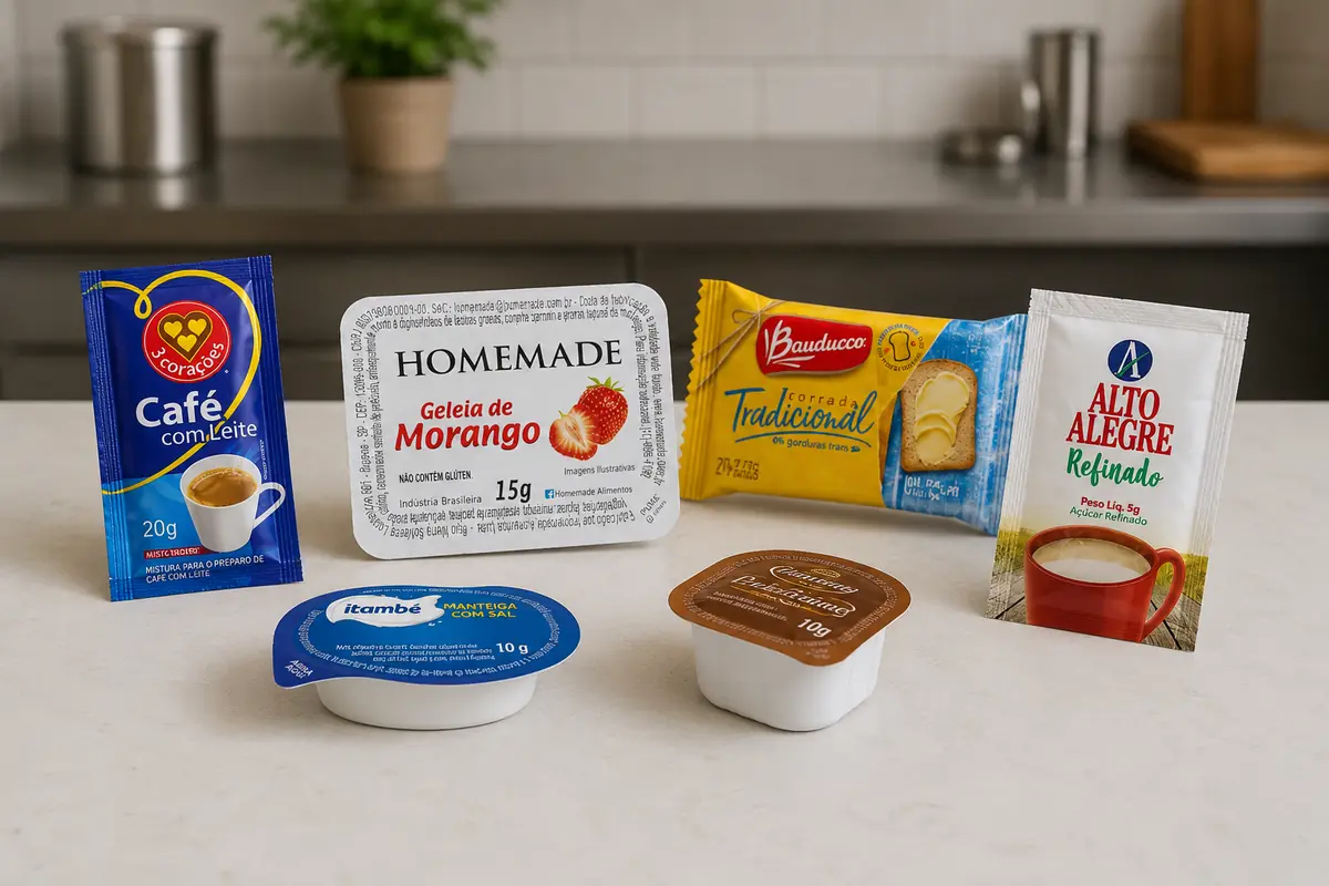 Sachê de café com leite, geleia de morango, torrada, açúcar refinado, manteiga com sal e doce de leite em porção individual, sobre bancada de cozinha