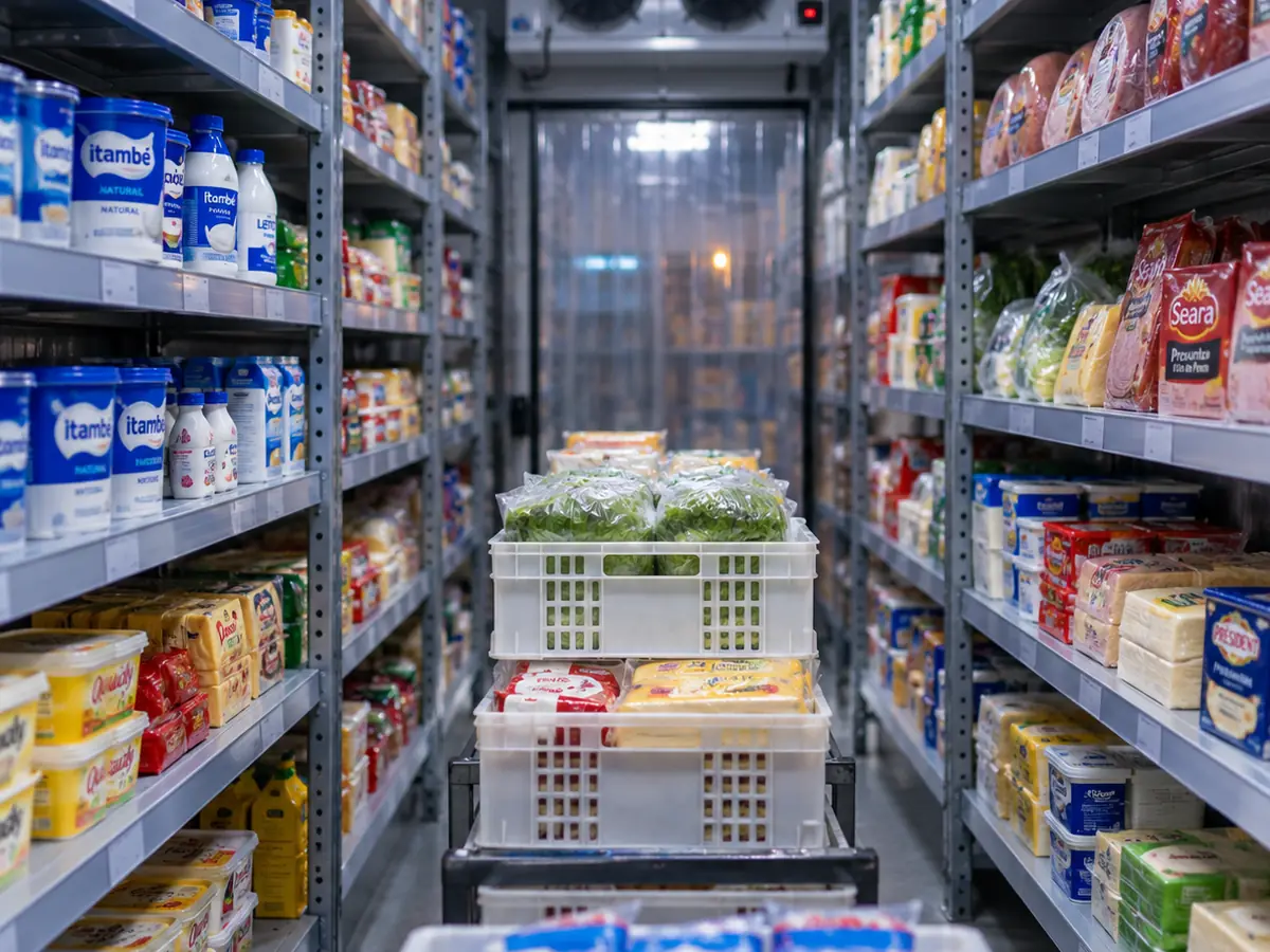 Corredor de câmara refrigerada com prateleiras de laticínios e frios dos dois lados e carrinho com caixa de hortaliças no centro