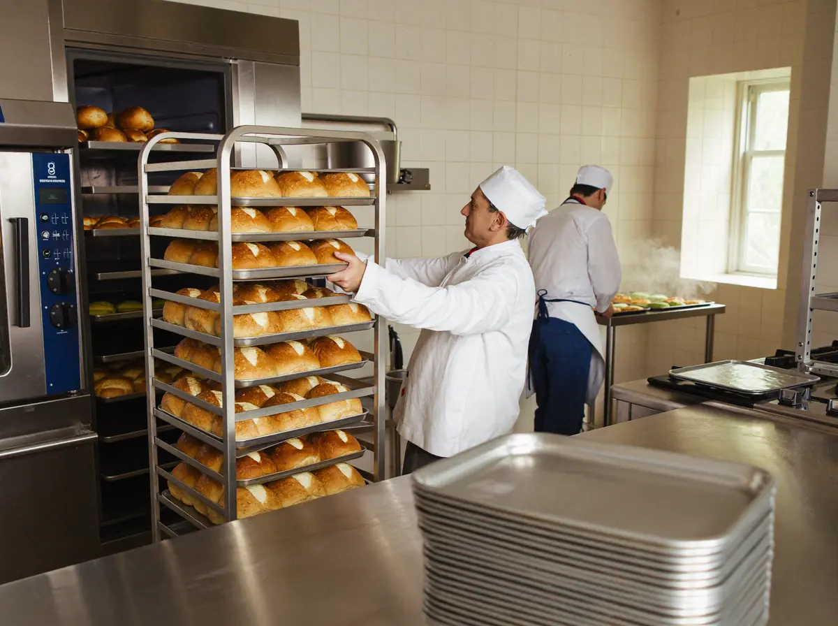 Cozinha industrial com carrinho de bandejas de pães recém-assados saindo do forno combinado