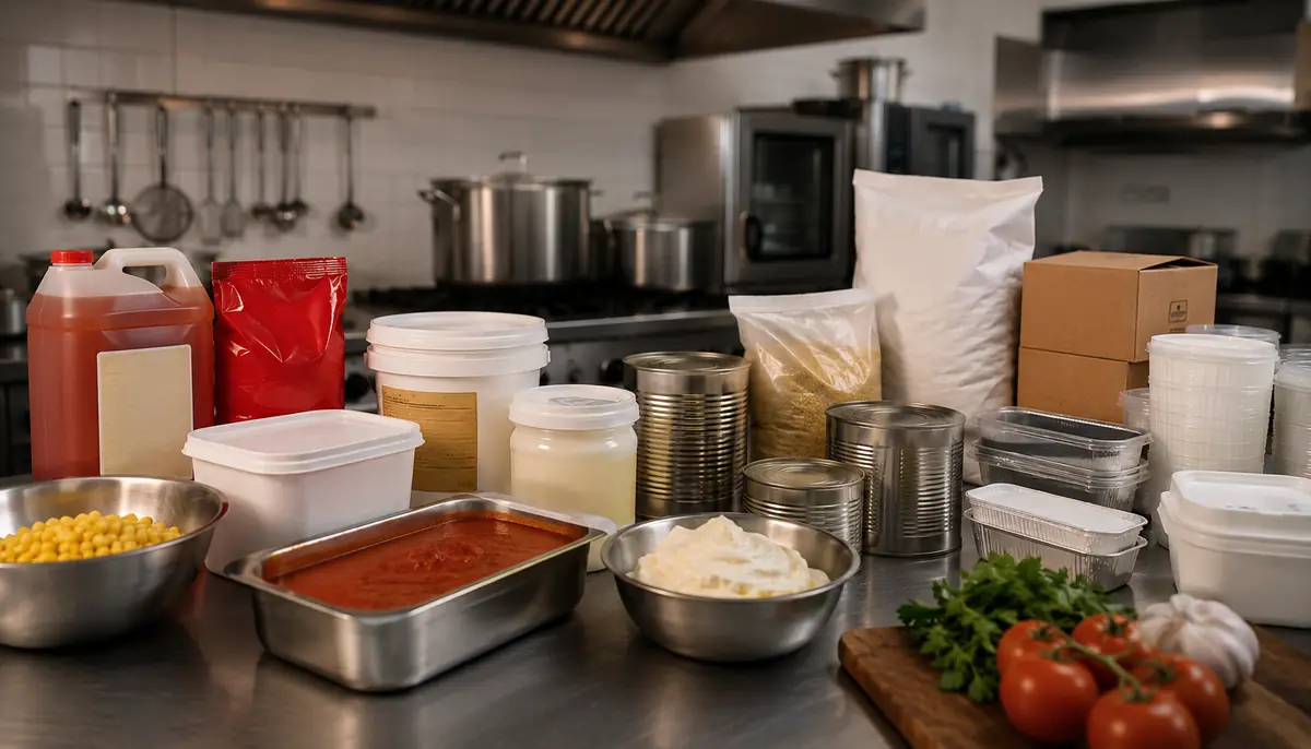 Bancada de cozinha industrial com galão de óleo, baldes, latas, sacos de farinha e milho, molho de tomate em cuba, embalagens de alumínio e descartáveis