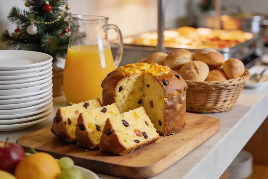 Buffet de café da manhã de hotel com panettone fatiado sobre a tábua, suco de laranja e pães