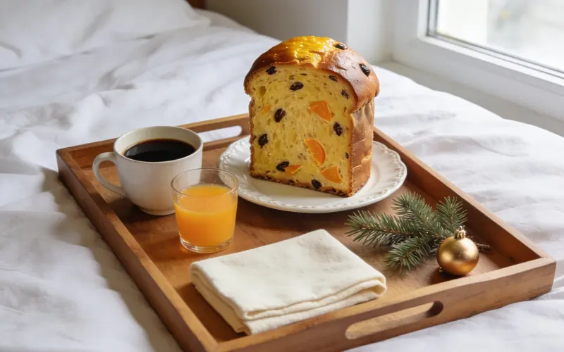 Bandeja de café da manhã sobre a cama de hotel, com fatia de panettone, café e suco de laranja