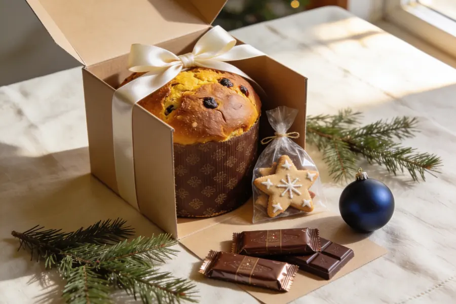 Kit de Natal em caixa kraft com panettone, biscoitos em formato de estrela e chocolates