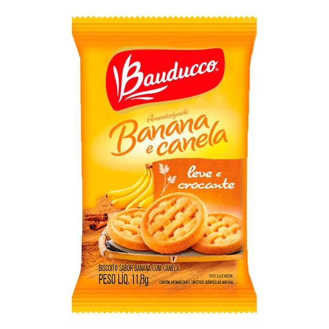 Biscoito Amanteigado Banana com Canela Bauducco, embalagem de 11,8 g