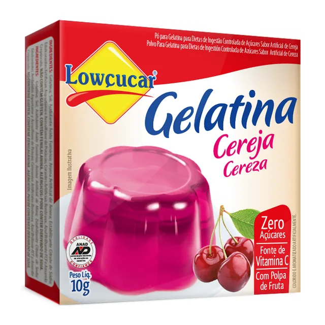 Gelatina Cereja Lowçucar, embalagem de 10 g
