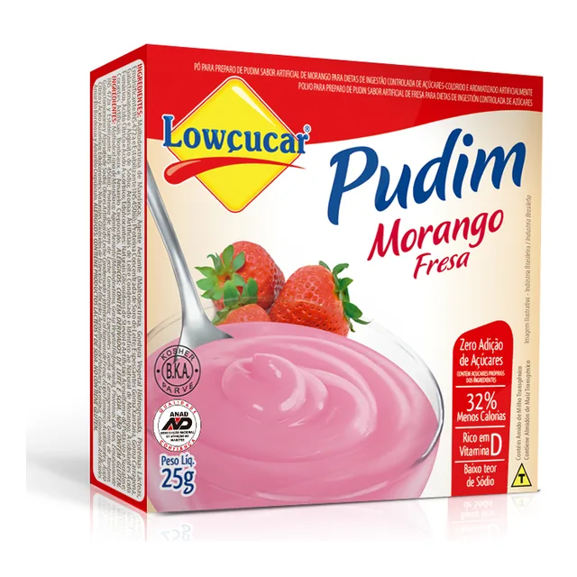 Pudim Morango Lowçucar, embalagem de 25 g