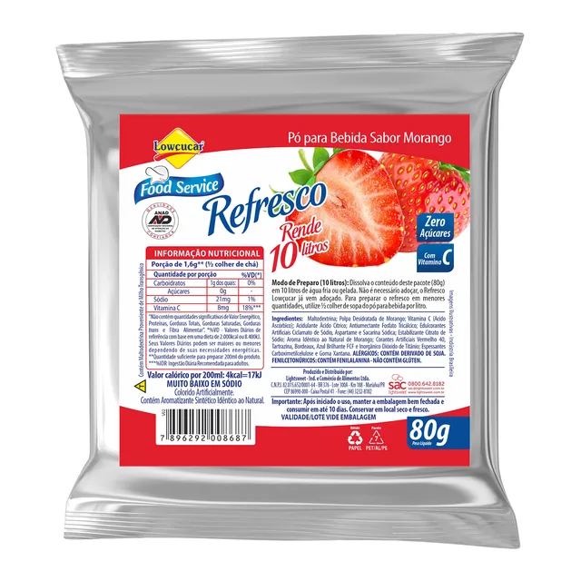 Refresco Morango Lowçucar, embalagem de 80 g